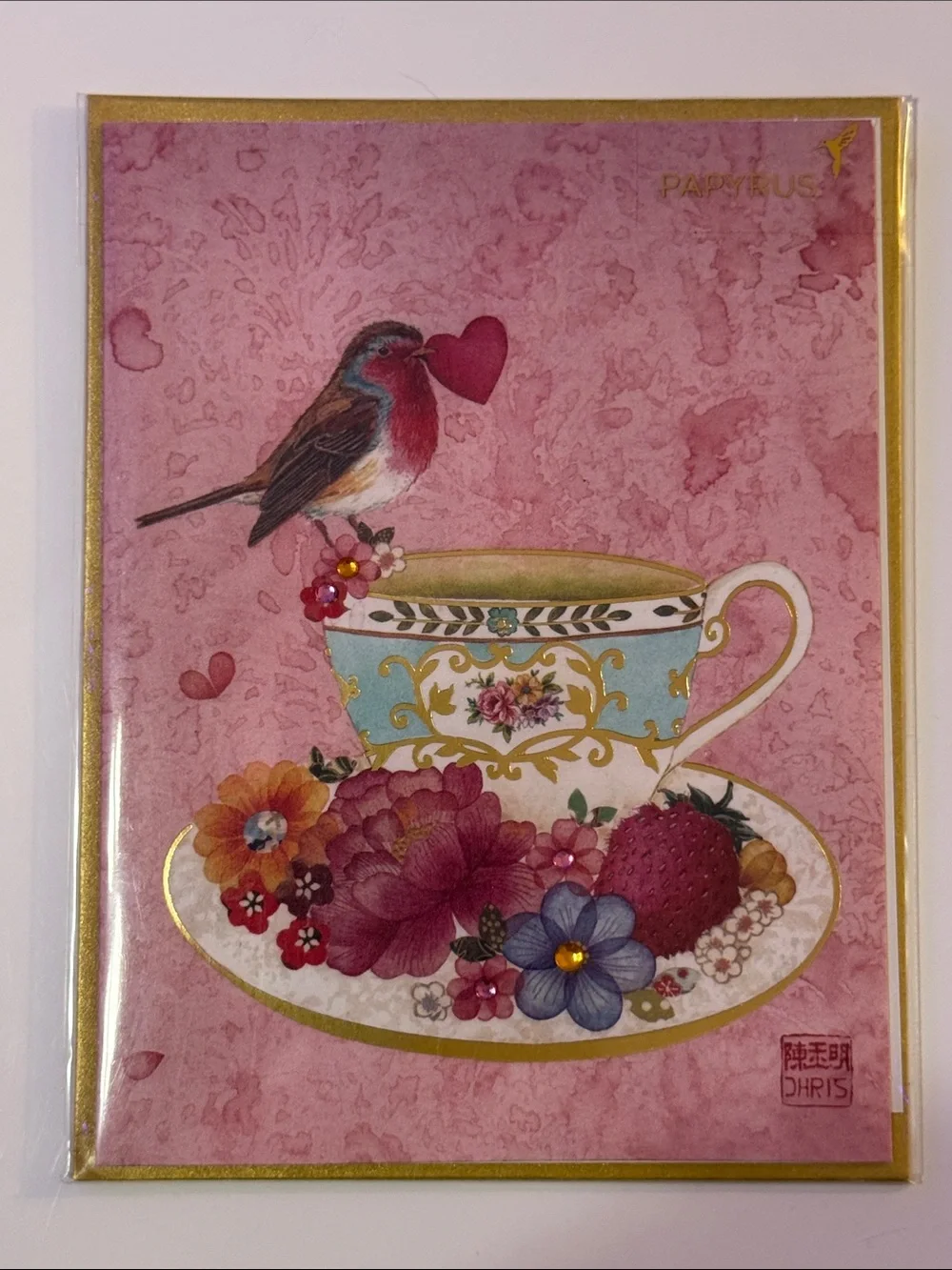 Papyrus Pink Bird & Floral Teacup Card with Gold Accents